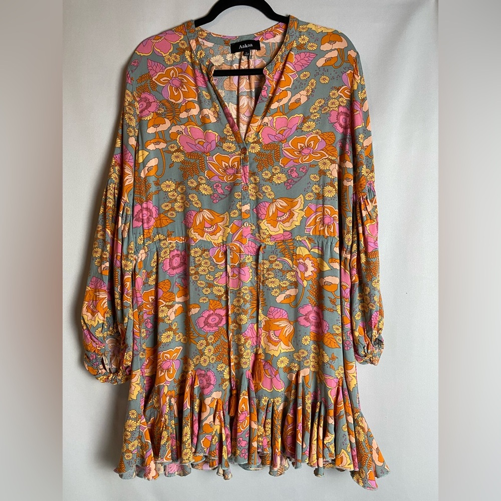 Aakaa Retro Floral Print Balloon Sleeve Mini Dress Size Large Ruffle Flounce